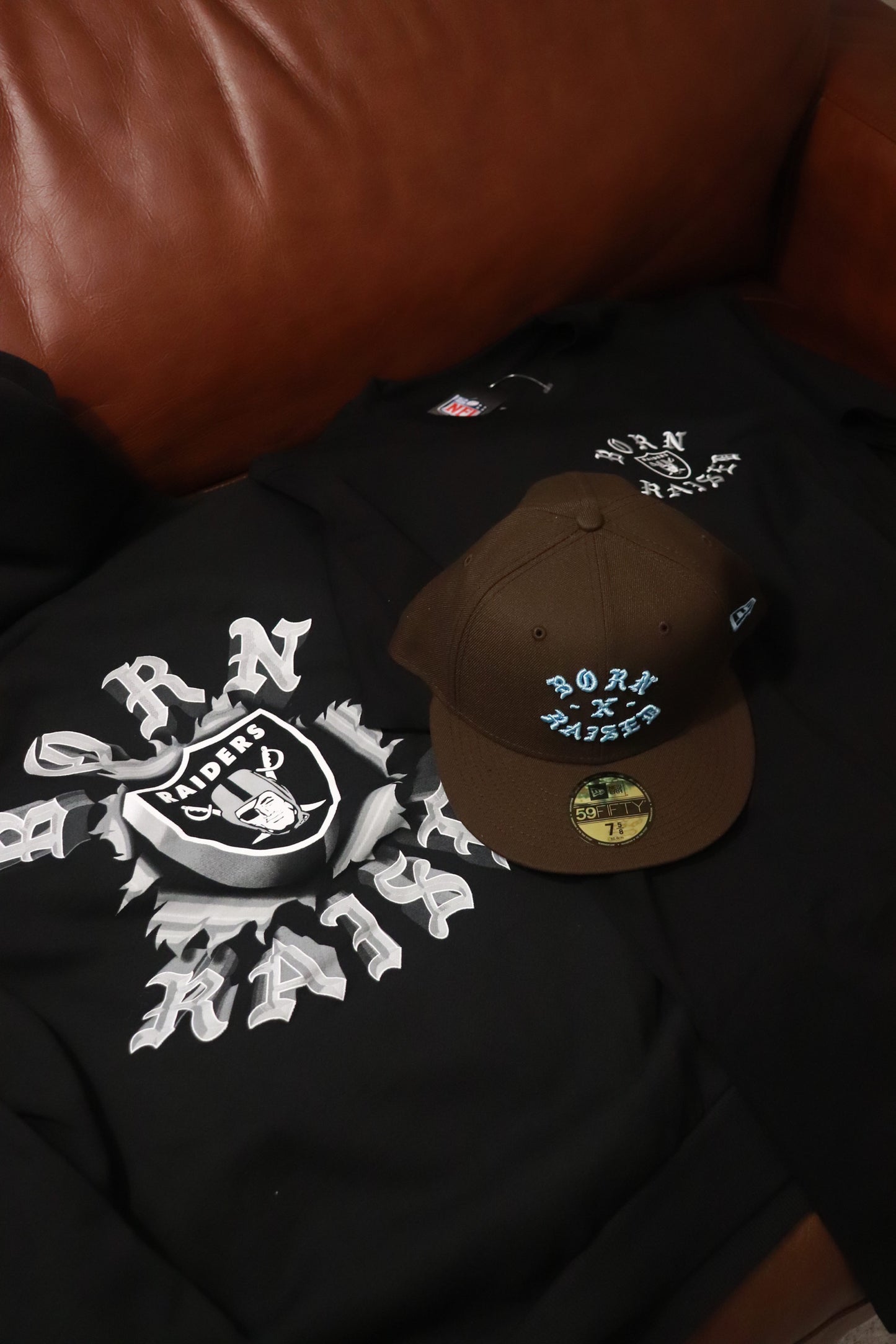 BORN X RAISED NEW ERA FITTED ROCKER HAT WALNUT / BABY BLUE