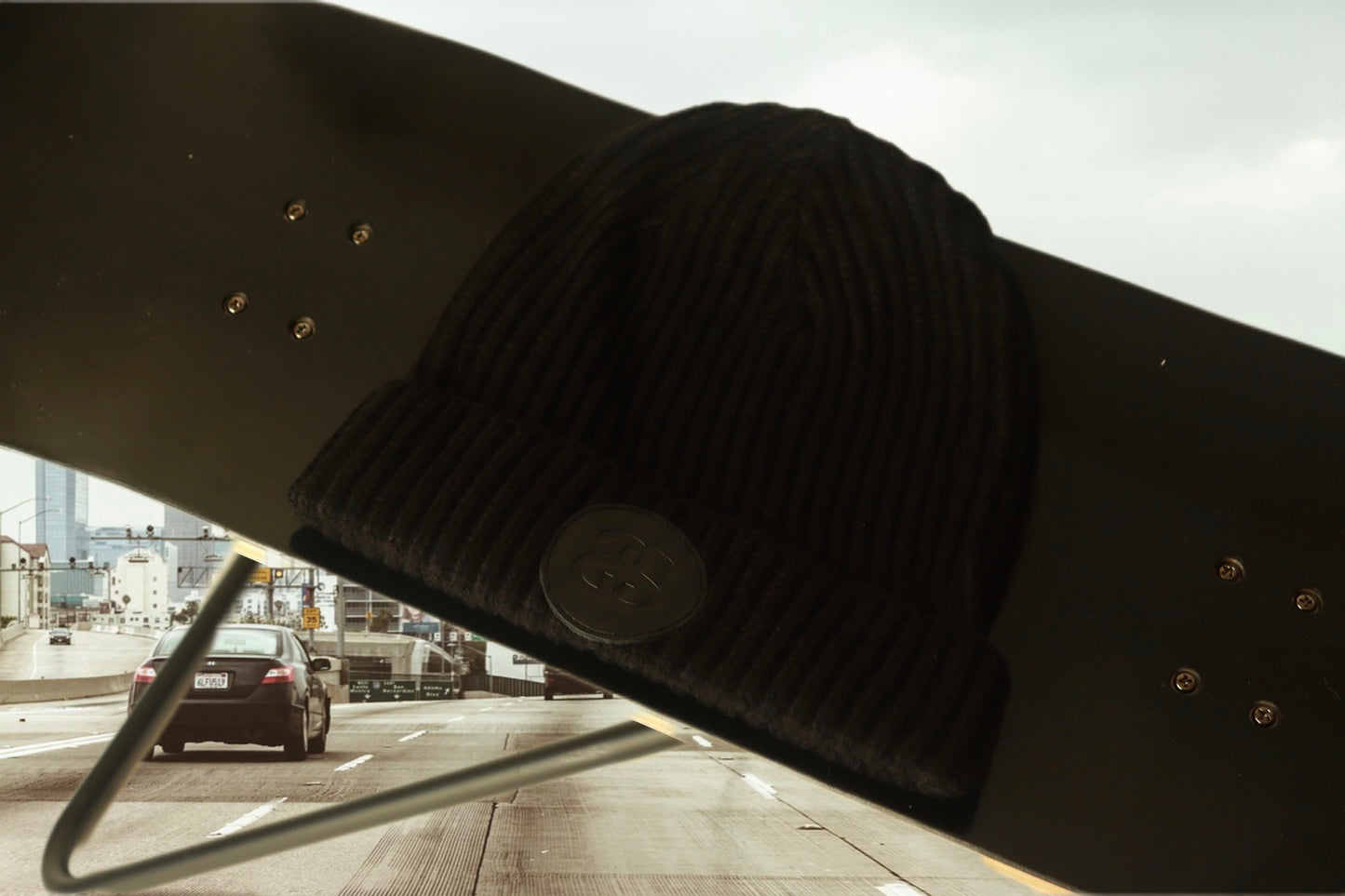 STUSSY leather patch cuff beanie