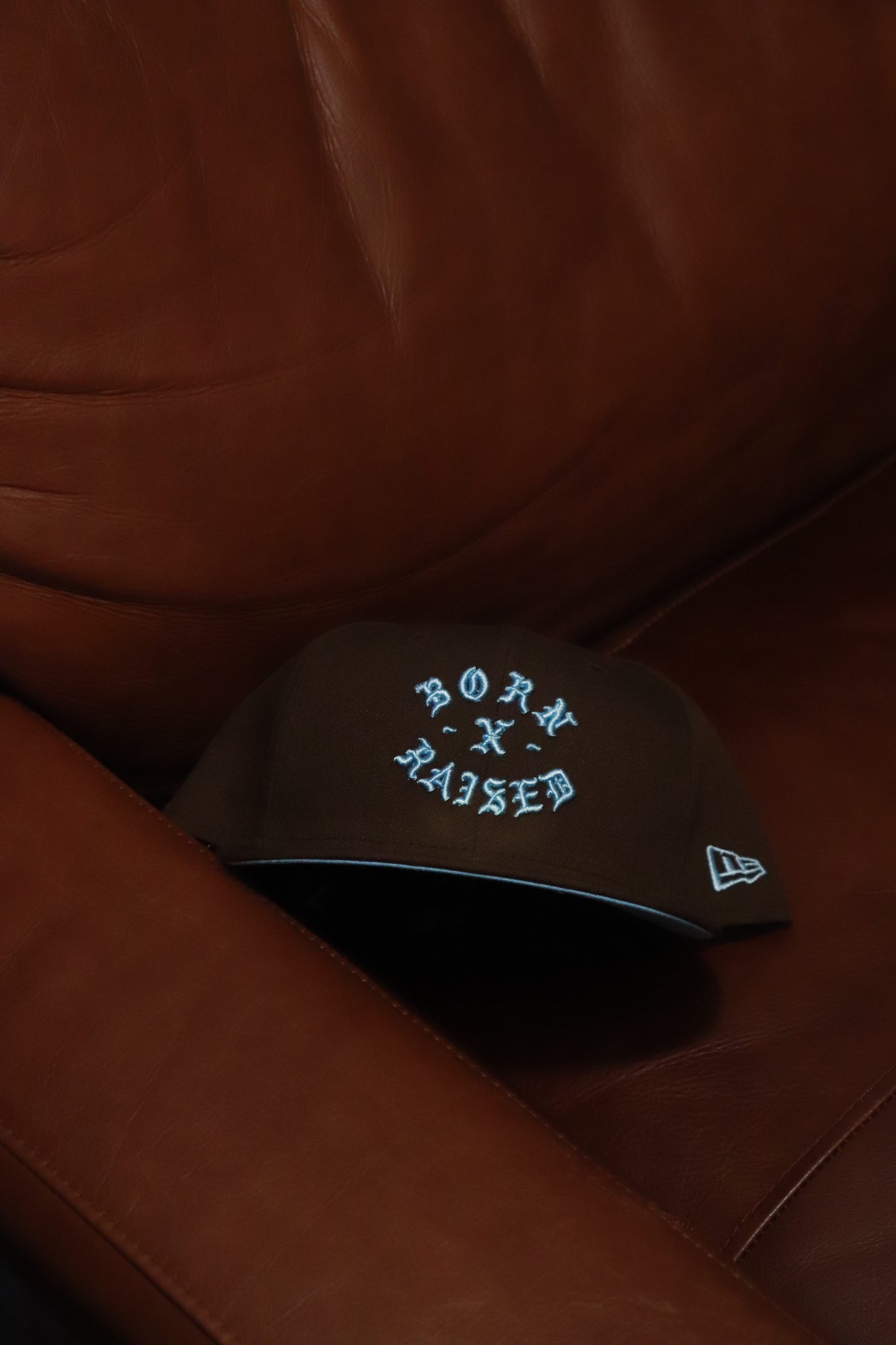 BORN X RAISED NEW ERA FITTED ROCKER HAT WALNUT / BABY BLUE